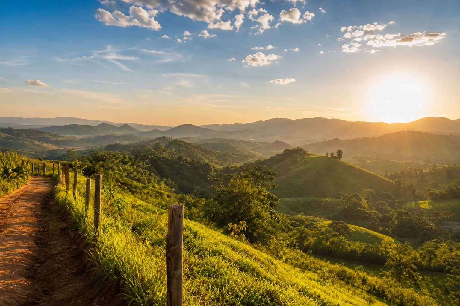 Paisagem do Sul de Minas sob céu claro e forte incidência de sol durante onda de calor